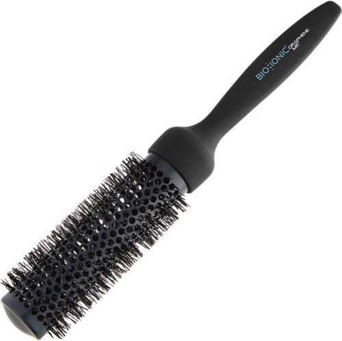 Eine schwarze runde Haarbürste mit Borsten und Griff, beschriftet 'BIO IONIC Curling'.