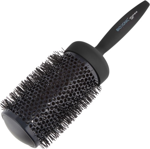Eine runde Haarbürste mit schwarzem Griff und Borsten, gekennzeichnet 'Bio Ionic', zum Stylen von Haaren.