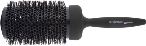 Eine schwarze runde Haarbürste mit Griff, genannt Trocknerbürste zum Stylen der Haare.