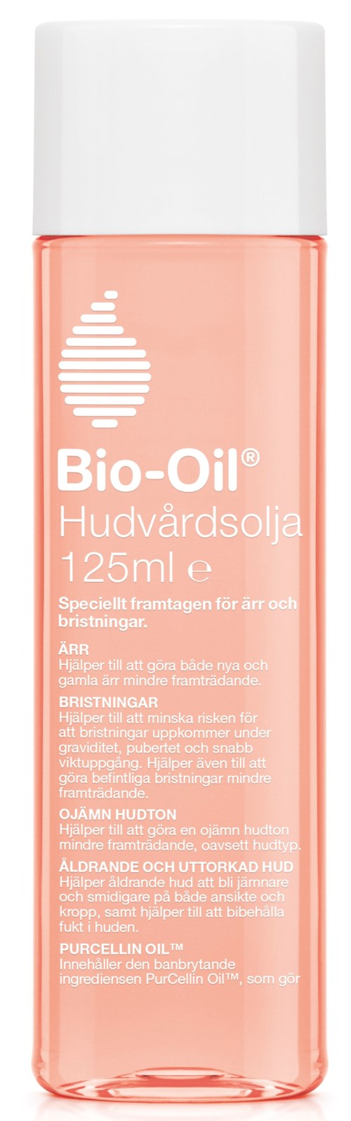 Transparante plastic fles met roze vloeistof, witte dop, labeled Bio-Oil, 125 ml, voor littekens en striae.