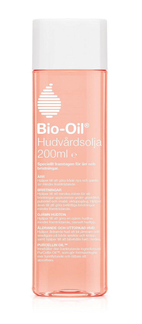 Een doorzichtige roze fles met wit deksel, label 'Bio-Oil' voor huidverzorging, 200 ml.