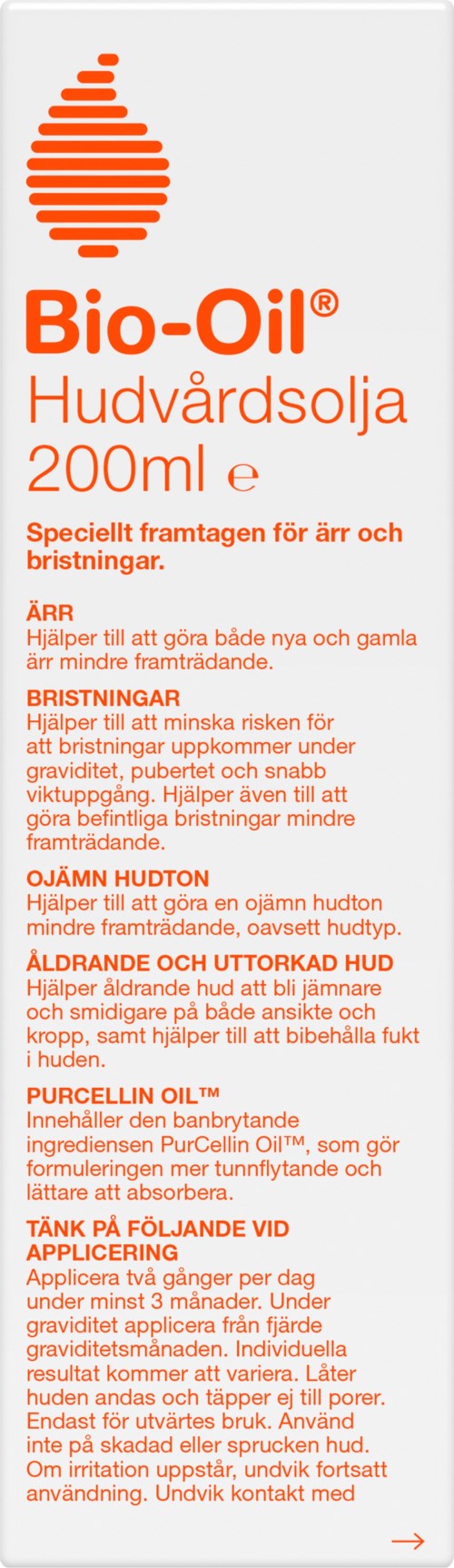Bio-Oil productlabel met tekst over het gebruik voor littekens, striae en huidverbetering.