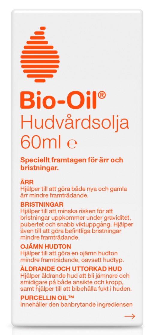 Een doosje Bio-Oil huidverzorgingsolie, toont eigenschappen voor littekens, striae, gevoelige huid, veroudering en ongelijke huidtint.