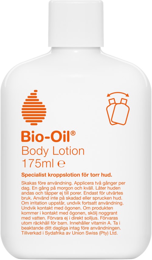 Een witte fles Bio-Oil Body Lotion met oranje tekst en iconen, bevat 175 ml voor droge huid.