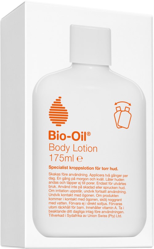 Een witte fles Bio-Oil lichaamslotion met oranje tekst en logo, in een doos. Voor droge huid en hydratatie.
