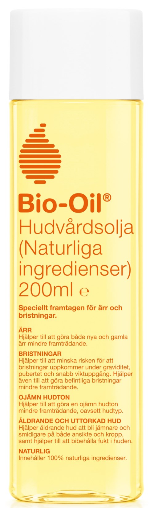 Een fles van 200 ml met Bio-Oil-label, oranje en witte tekst, bevat lichtgele olie.