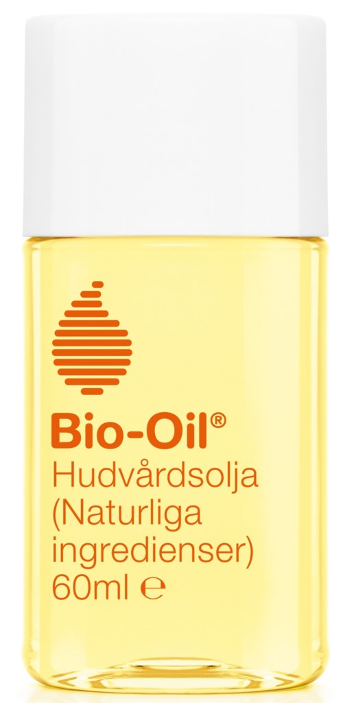 Een kleine doorzichtige fles met gele olie en een witte dop. Label heet Bio-Oil, voor huidverzorging.