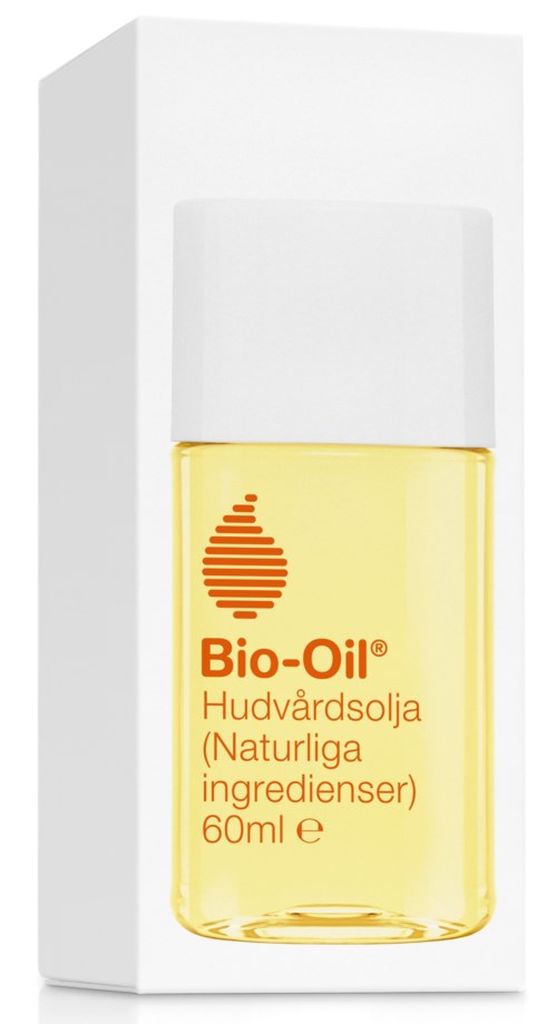 Een klein, doorzichtige fles met gele olie, met label 'Bio-Oil' in oranje, naast een witte doos.