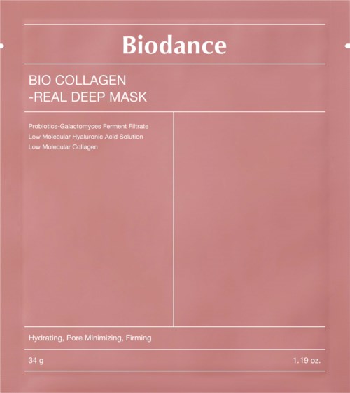 Rosa Verpackung mit Text zu einer Kollagen-Deep-Maske, Inhaltsstoffe und Hautvorteile.