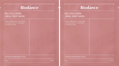 Two pink sachets or packets labeled 'Biodance' contain a collagen mask. They mention hydration, pore minimizing, and firming benefits.