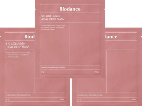 Three pink packets of Biodance Bio Collagen Real Deep Mask face masks displayed.