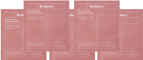 Three pink sachets or packets labeled 'Biodance' and 'Bio Collagen'. They are for skin or beauty use.