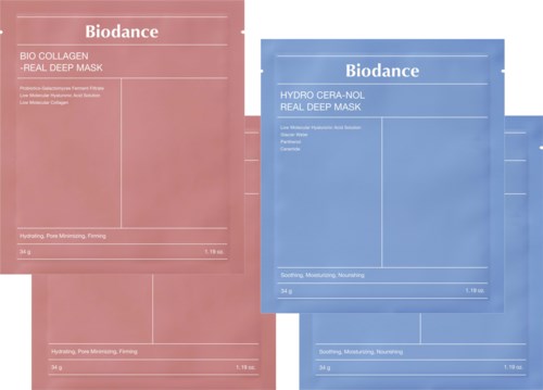 Two skincare mask packages, one pink and one blue, both labeled Biodance, with details about their ingredients and uses.