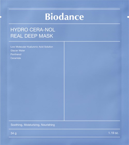 A blue sheet with white text describes a hydrating, deep mask named 'HYDRO CERA-NOL'.