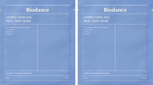 Two blue packets of Biodance hydro Cera-Nol real deep mask face masks are shown side by side.