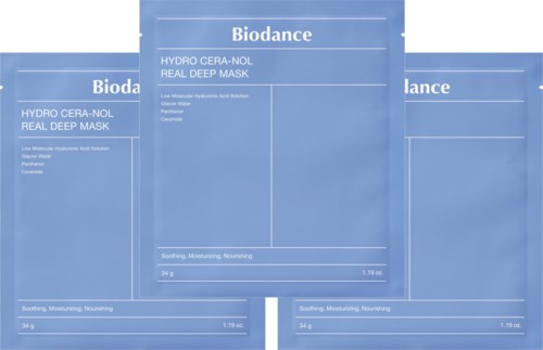 Blue packages labeled 'Biodance Hydro Cera-Nol Real Deep Mask' with product details and usage benefits.
