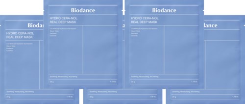 Four blue packs labeled 'Biodance Hydro Cera-Nol Real Deep Mask' with space for dates and instructions.