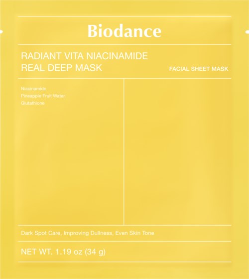 Yellow facial sheet mask packaging for skincare, contains niacinamide, pineapple fruit water, and glutathione.