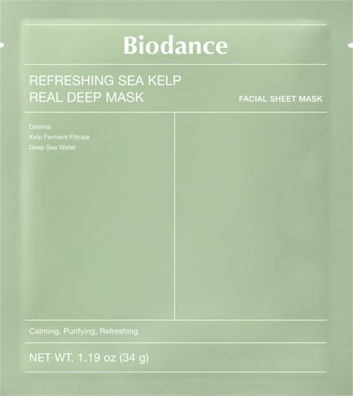 Green facial sheet mask named Biodance Refreshing Sea Kelp. Contains kelp, deep sea water and ferments. Calms and purifies skin.