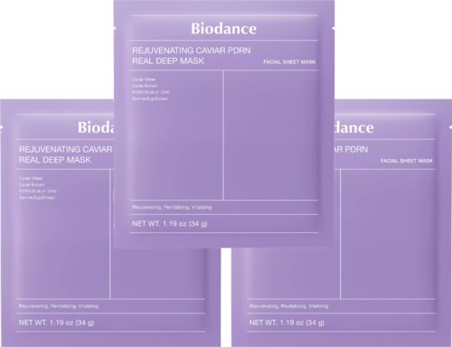 Purple packaging for a facial mask shows a product called Biodance Rejuvenating Caviar PDRN. It mentions revitalizing skin.