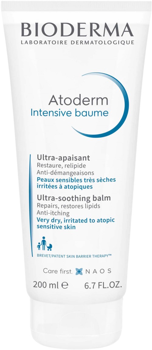 A white tube with blue and black text, labeled as Bioderma Atoderm Intensive Baume for very dry, sensitive skin.