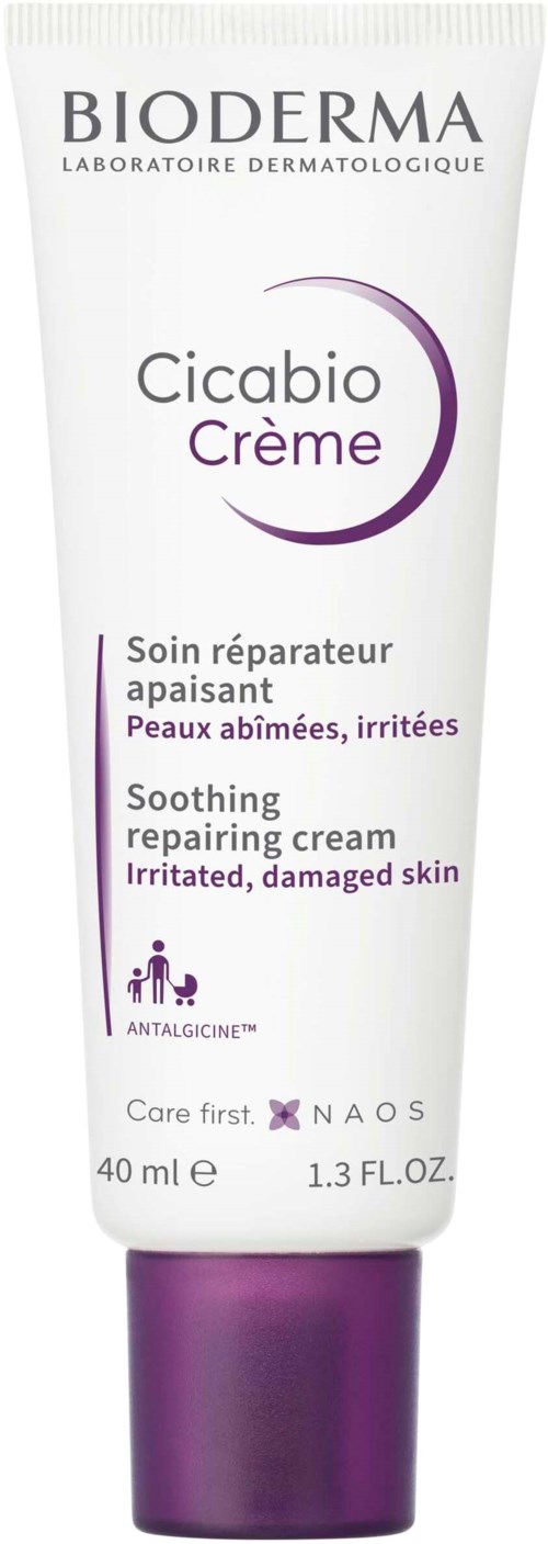 Weiße und lilafarbene Tube mit Bioderma Cicabio Creme für lindernde und reparierende Hautpflege.