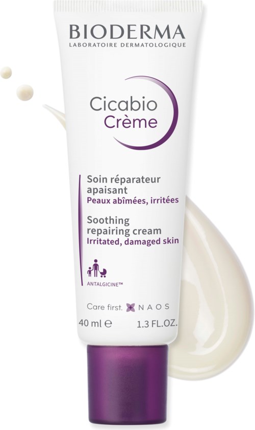 Eine weiße Tube Bioderma Cicabio Creme mit lila Akzenten, zeigt, dass sie gereizte, beschädigte Haut beruhigt und repariert. 40ml.