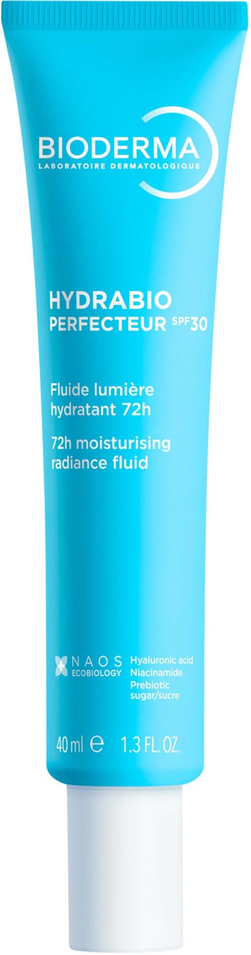 Sininen putkilopakkaus, joka sisältää Bioderma Hydrabio Perfecteur SPF 30 -tuotteen, kosteuttava ja aurinkosuoja.