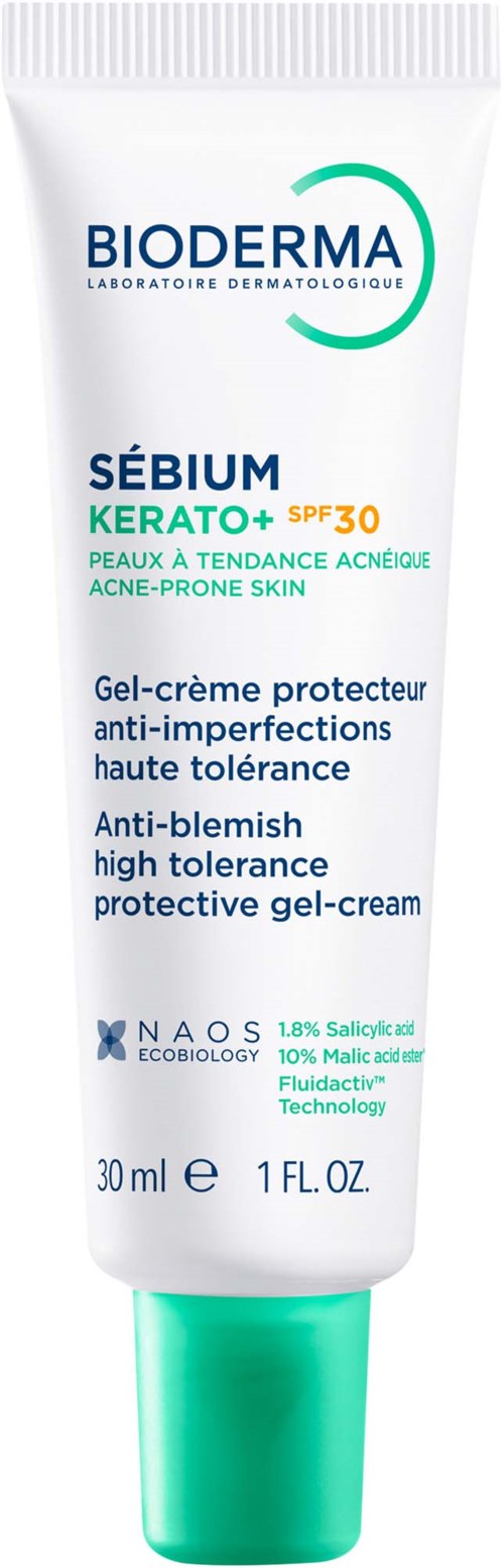 Valkoinen ja vihreä putkilö Bioderma Sebium Kerato SPF 30 rasvaiselle, aknealttiille iholle.