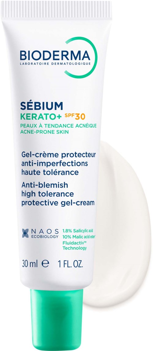 Bioderma Sebium Kerato+ SPF30 valkoinen putkilos, tarkoitettu akneiholle.