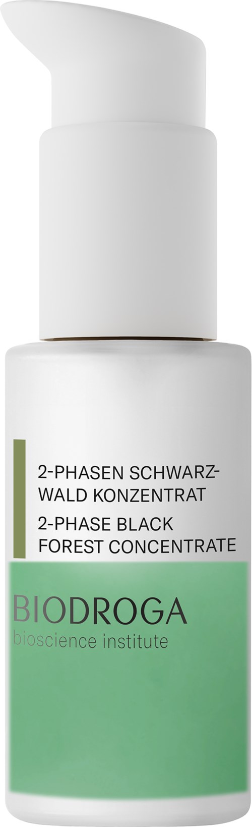 A white pump bottle labeled 2-Phase Black Forest Concentrate and Biodroga. The label is green and white.