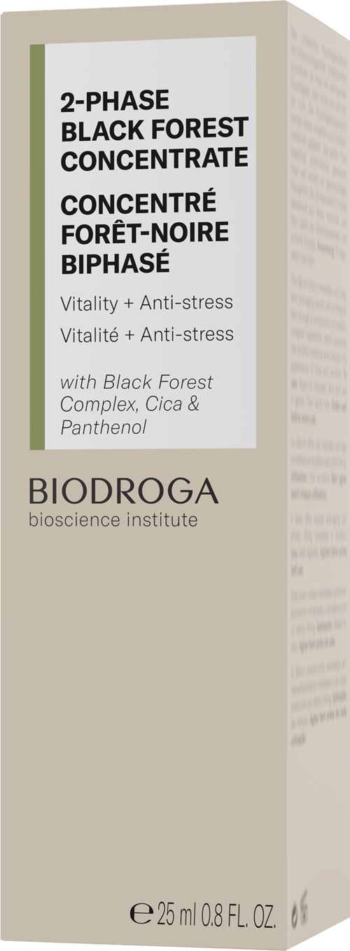 Box of skincare product named BIODROGA with ingredients for stress relief and vitality, in a beige and green package.