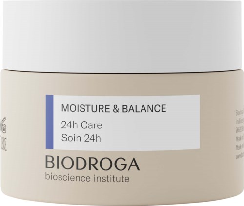 A container of moisturizer from Biodroga with labels for moisture and balance, 24h Care, and the bioscience institute.