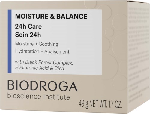 Box with skincare product named Biodroga, mentions moisture, balance, and 24-hour care, ingredients include black forest complex.