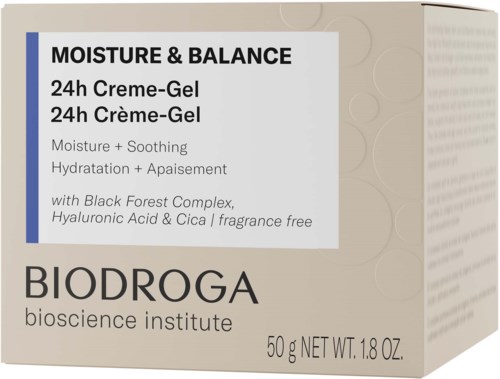 A skincare product box labeled 'Moisture & Balance' with 24-hour cream-gel, natural ingredients, and fragrance-free. Biodroga brand.