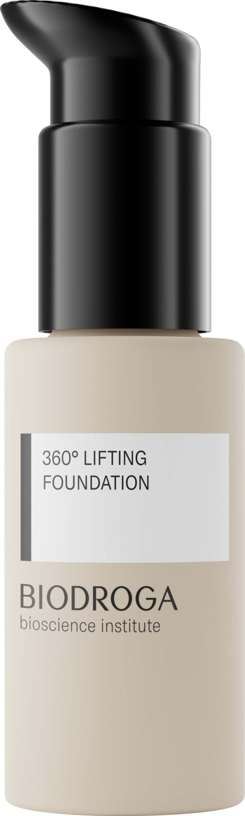 A bottle of Biodroga 360° Lifting Foundation with a black pump, white label, and beige bottle body.