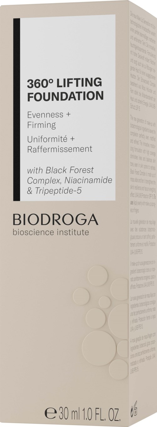 A skincare product box claims to lift, firm, and even skin with natural ingredients like black forest complex and peptides.