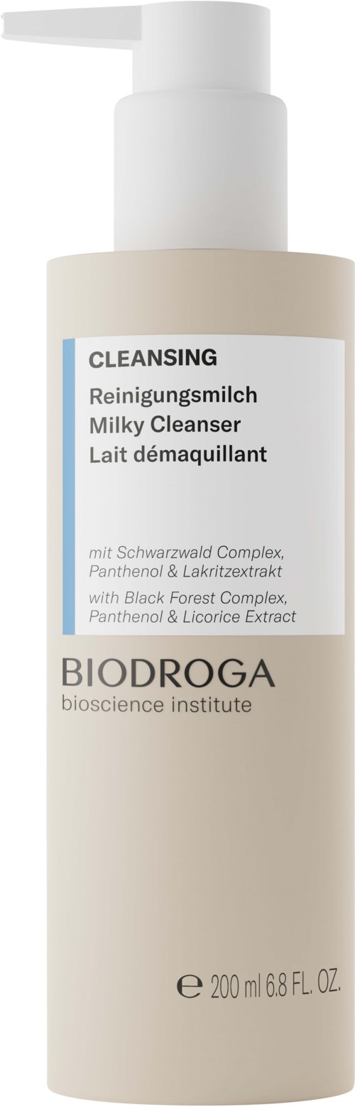 A white bottle with a pump, labeled Biodroga Milky Cleanser for cleansing, contains 200 ml of product.