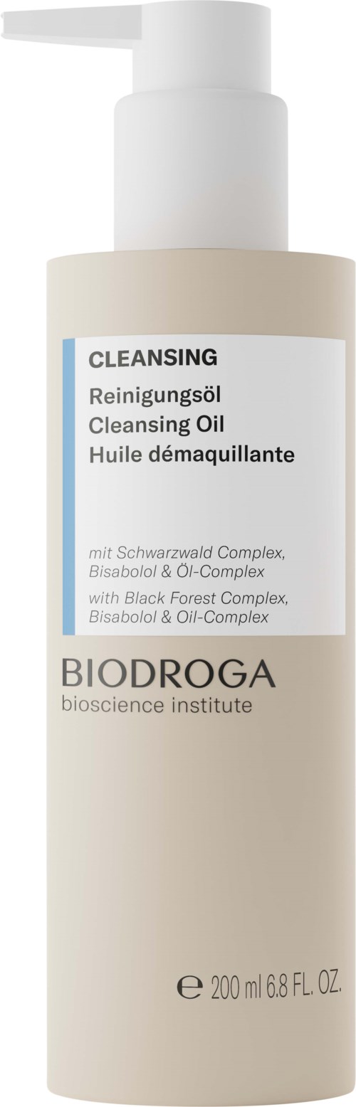 A white bottle with a pump and label showing it is cleansing oil from BIODROGA, containing 200 ml.