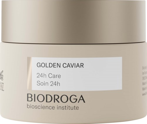 A cream-colored jar labeled 'GOLDEN CAVIAR 24h Care' from BIODROGA bioscience institute.