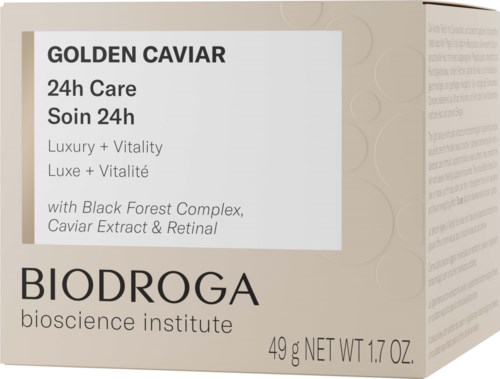 Box of Golden Caviar skincare with 24-hour care and black forest complex for vitality.