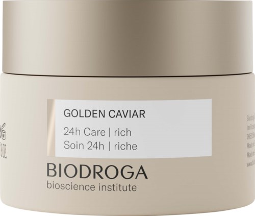 A jar labeled 'GOLDEN CAVIAR' from BIODROGA, indicating it is for 24-hour rich care.