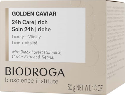 A product label for biodroga Golden Caviar with mentions of 24-hour care, luxury, vitality, and key ingredients.