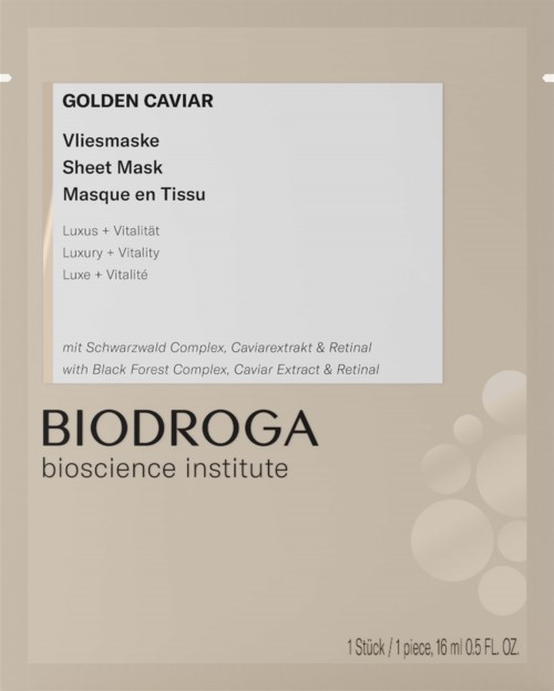 Text on a skincare product package describing a sheet mask called Golden Caviar by Biodroga.