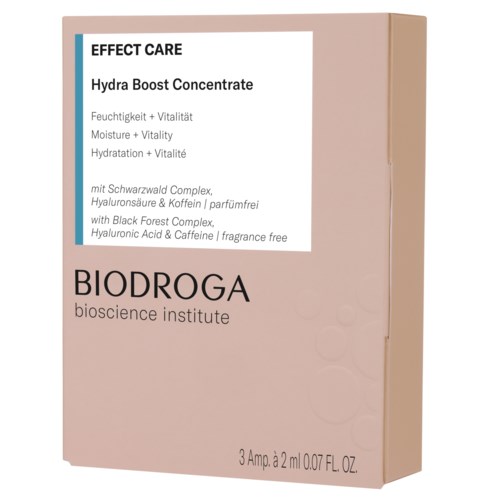 The box is pink with black text, advertising a skincare product called Hydra Boost Concentrate by Biodroga.