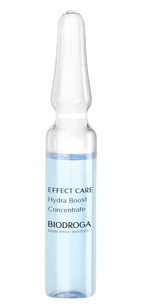 A small vial with blue liquid labeled "Effect Care Hydra Boost Concentrate" from Biodroga, likely a skincare product.