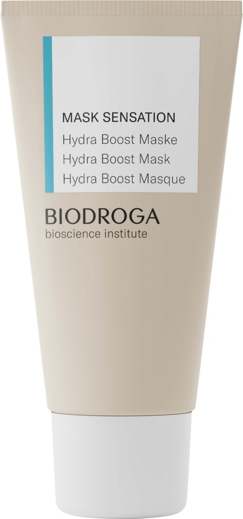 A beige facial mask tube with a white cap, labeled 'MASK SENSATION Hydra Boost Maske' from Biodroga.