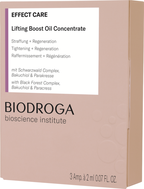 A pink box labeled 'Biodroga' with product details and ingredients for a lifting oil concentrate.