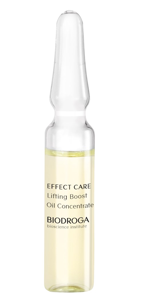 A clear small vial with yellow liquid inside, labeled as Effect Care Lifting Boost Oil Concentrate by Biodroga.