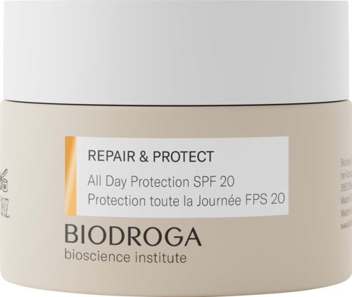 A skincare product container labeled 'REPAIR & PROTECT All Day Protection SPF 20' from Biodroga Institute.